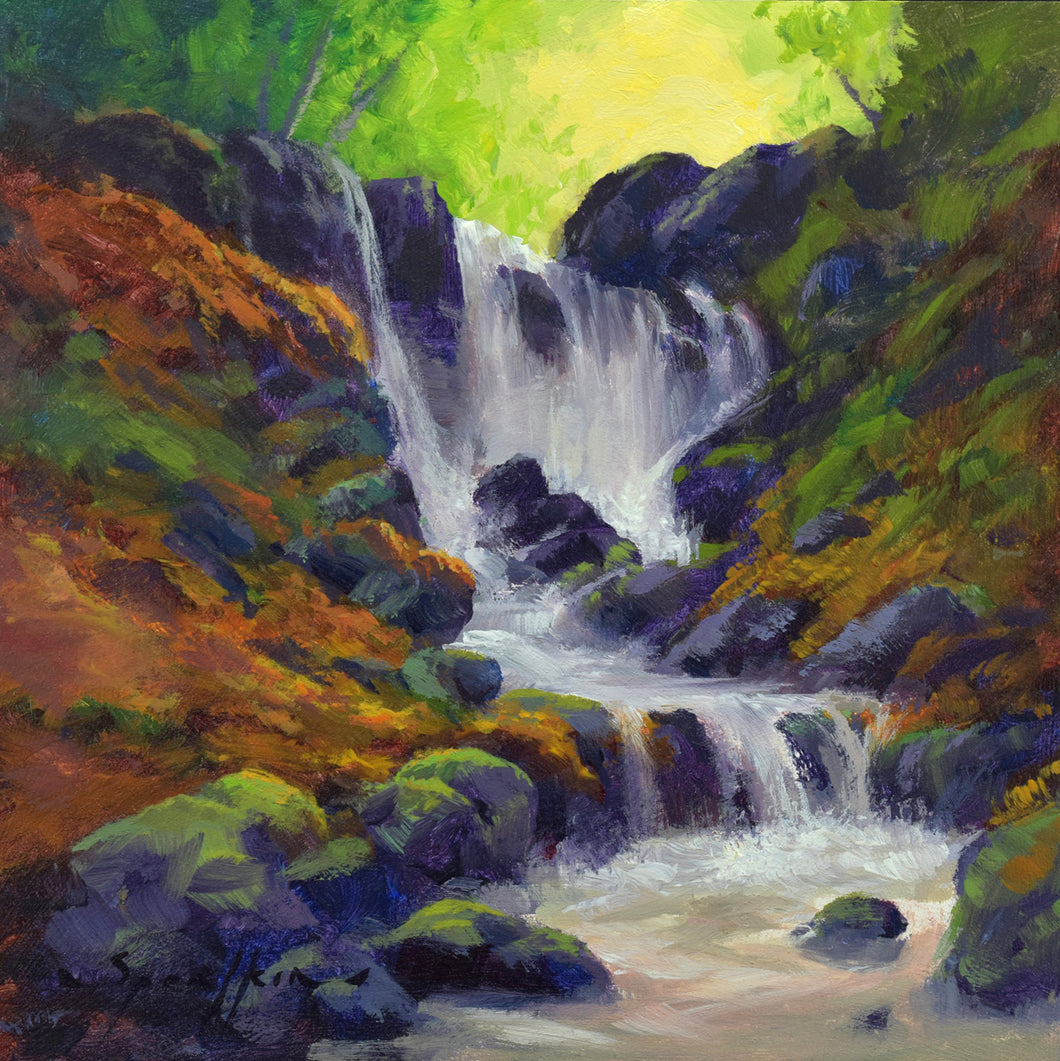 Waterfall Forest 6x6 inch landscape painting by Edward Sprafkin