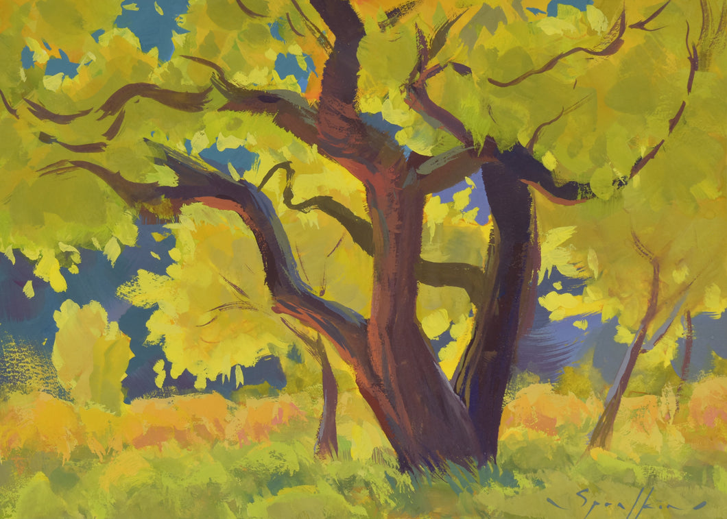 Autumn Tree 6x8 gouache fall season tree painting by Edward Sprafkin