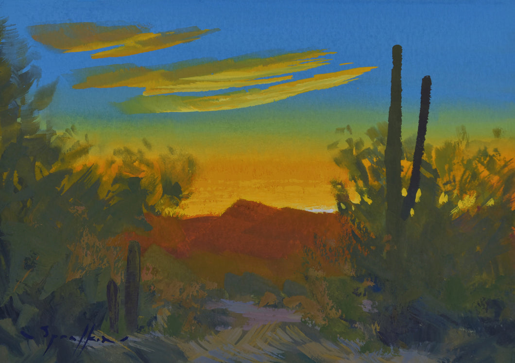 Desert Sunrise 5x7 inch gouache painting by Edward Sprafkin