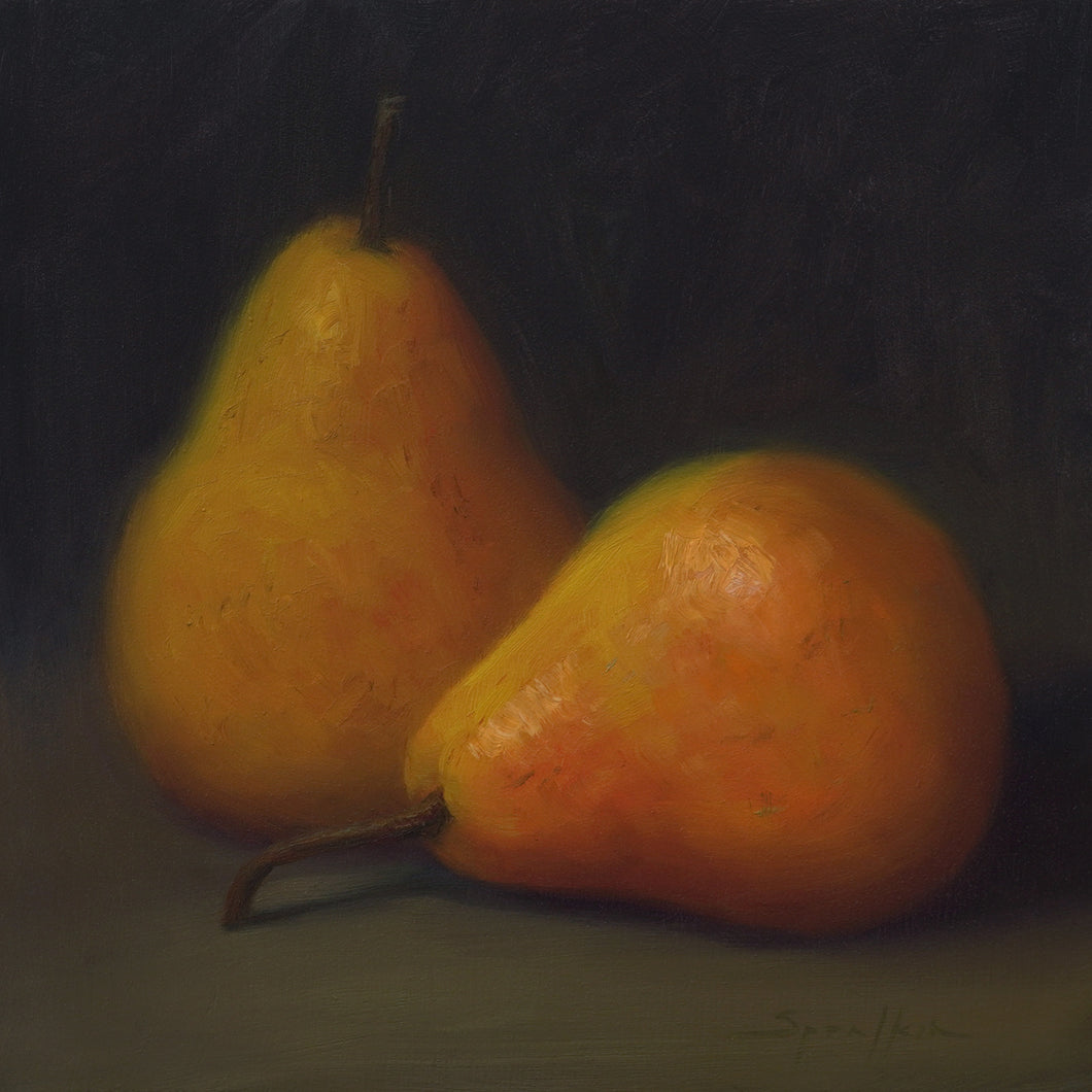 Autumn Pears 6x6 Oil Still Life Pears Painting by Edward Sprafkin