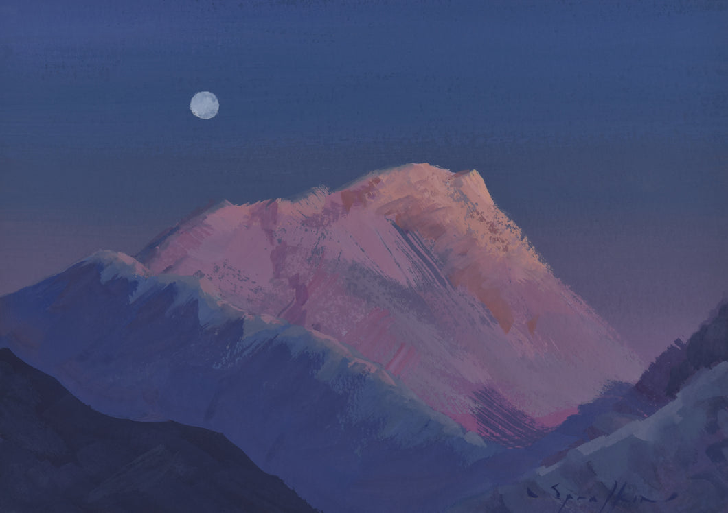 Mountaintop Moon 5x7 inch gouache landscape painting by Edward Sprafkin