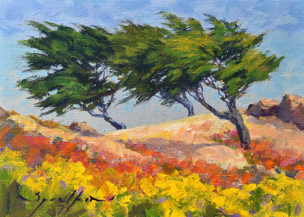 Pebble Beach Cypress 5x7 inch California Art Painting by Edward Sprafkin