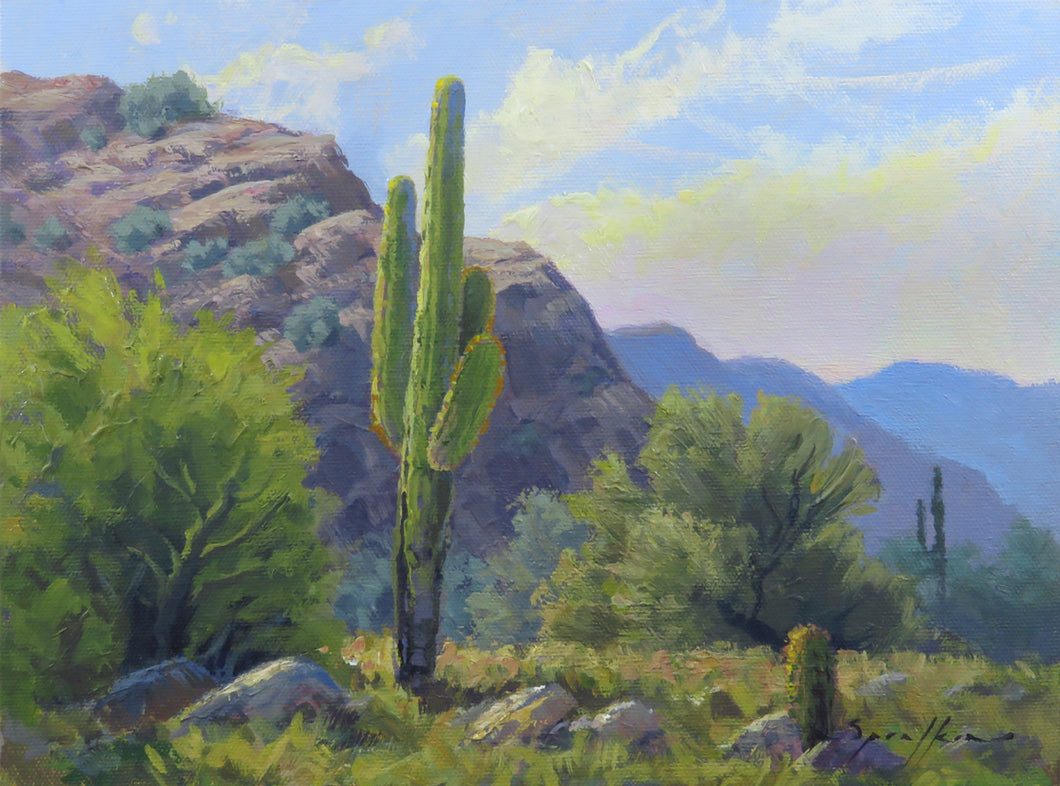 Southwest Scene 9x12 inch Saguaro cacti art by Edward Sprafkin