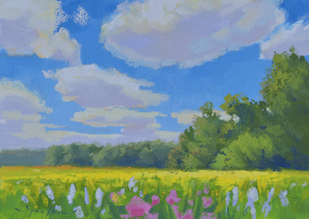 Springtime Fields 5x7 inch gouache landscape painting by Edward Sprafkin